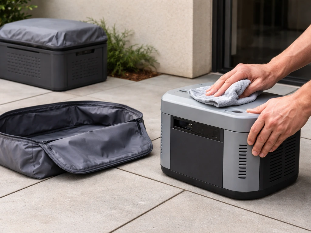 Hands gently wipe an outdoor device with soapy water; a weather cover and storage setup nearby.