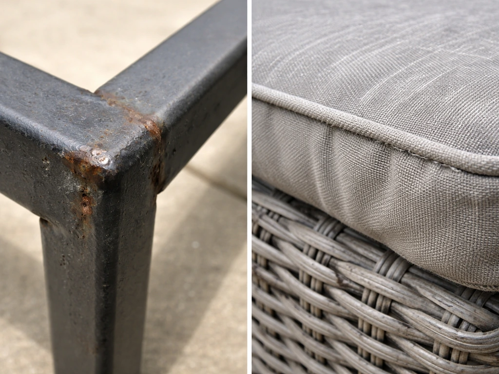 Close-up of rust on a steel frame next to faded cushion/wicker showing weather wear details.