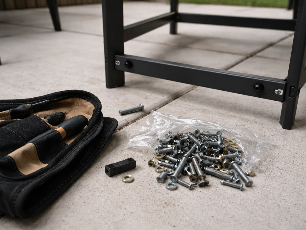Hardware bag and tools beside partially assembled patio furniture, with missing or incorrect parts visible.