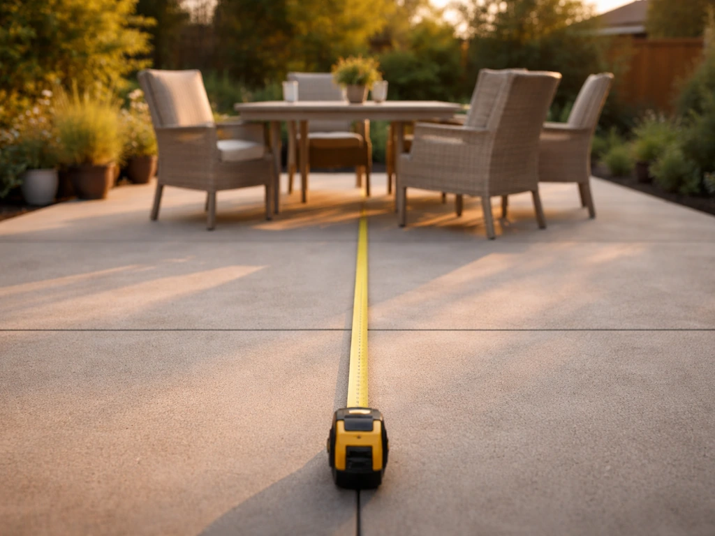 Measuring tape laid across a patio with a patio set positioned to show clearance for chairs.