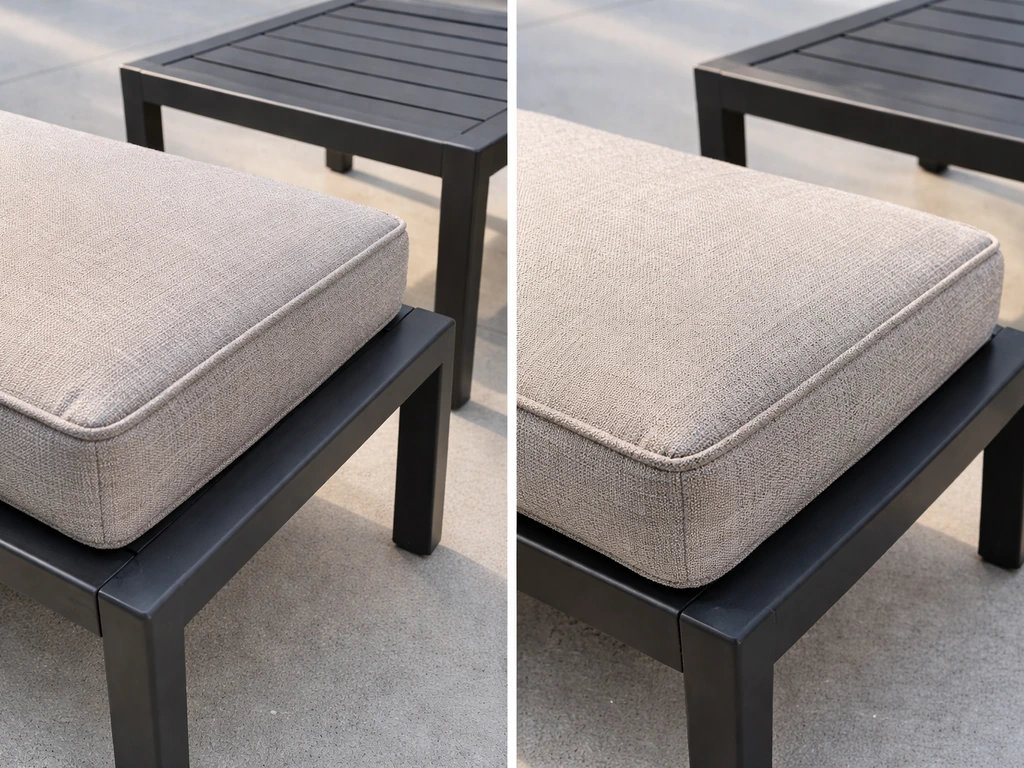Side-by-side close-up of budget vs premium patio furniture components showing frame finish and cushion fabric