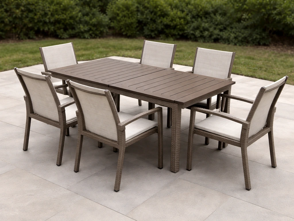 Pelham Bay 7-piece patio dining set with extendable table and six stackable sling chairs arranged on a patio.