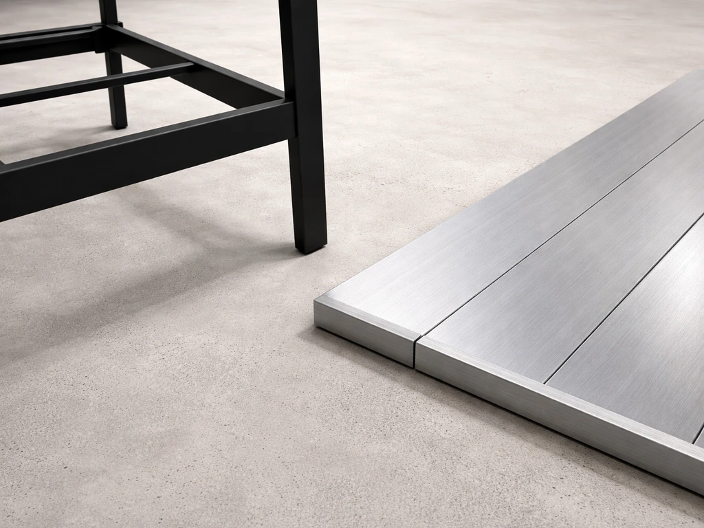 Matte black powder-coated steel frame next to a rust-resistant aluminum tabletop outdoors.