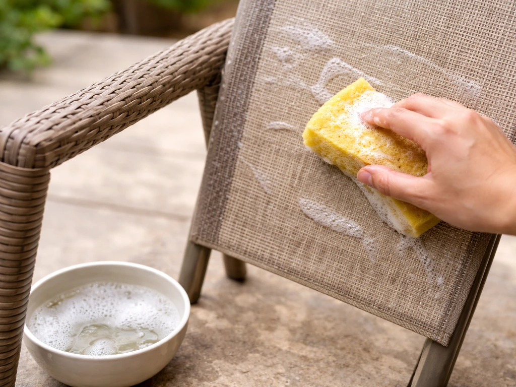 A sponge applies soapy water to a wicker sling surface, with fresh air-drying implied nearby.
