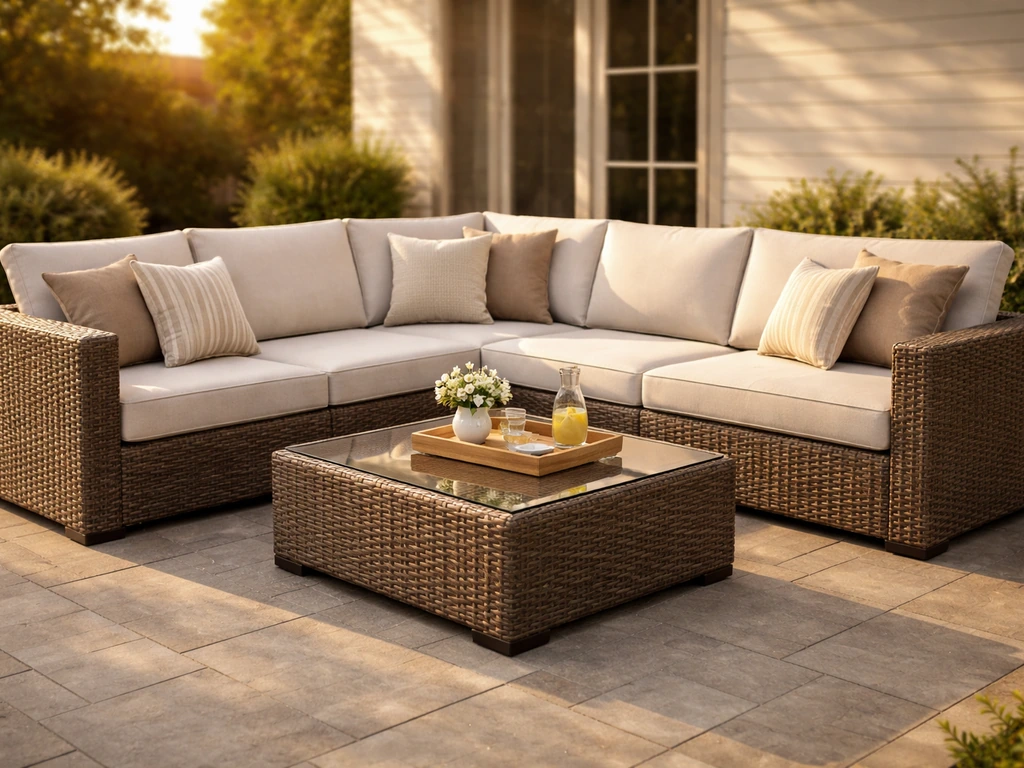 Golden-hour view of a modern PE wicker sectional patio set with cushions on an outdoor patio