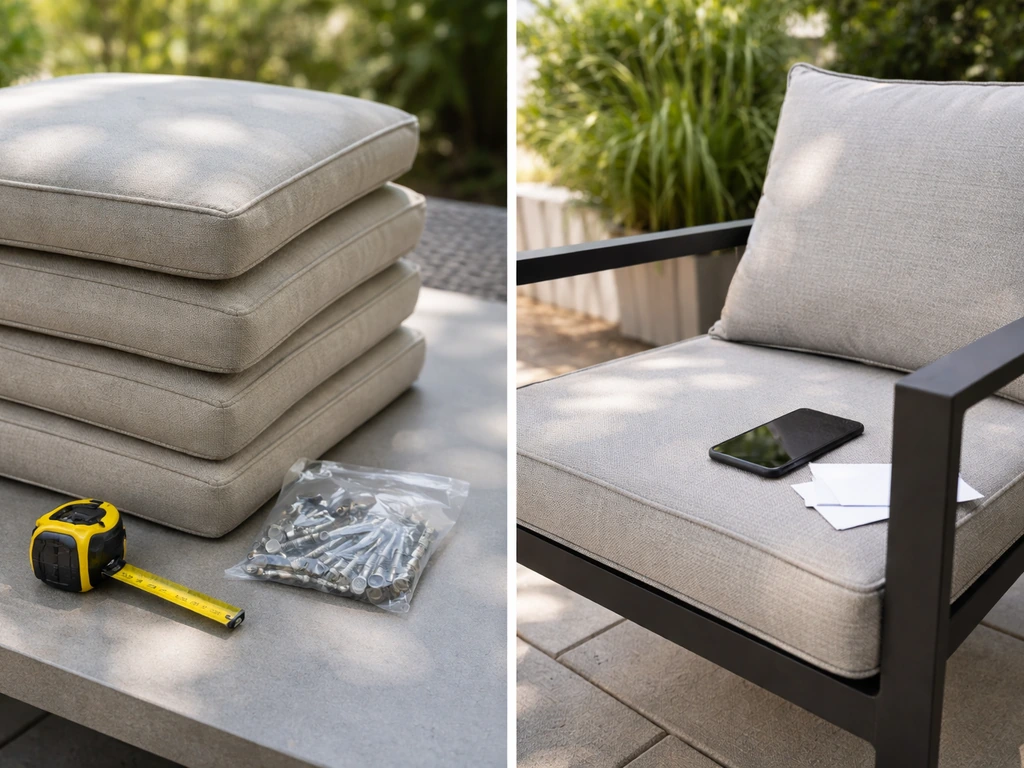 Minimal tabletop scene with patio furniture parts and a smartphone beside scattered review notes