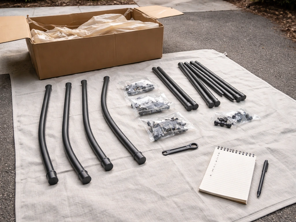 Partially opened box with only some patio furniture legs and parts laid out for checking contents