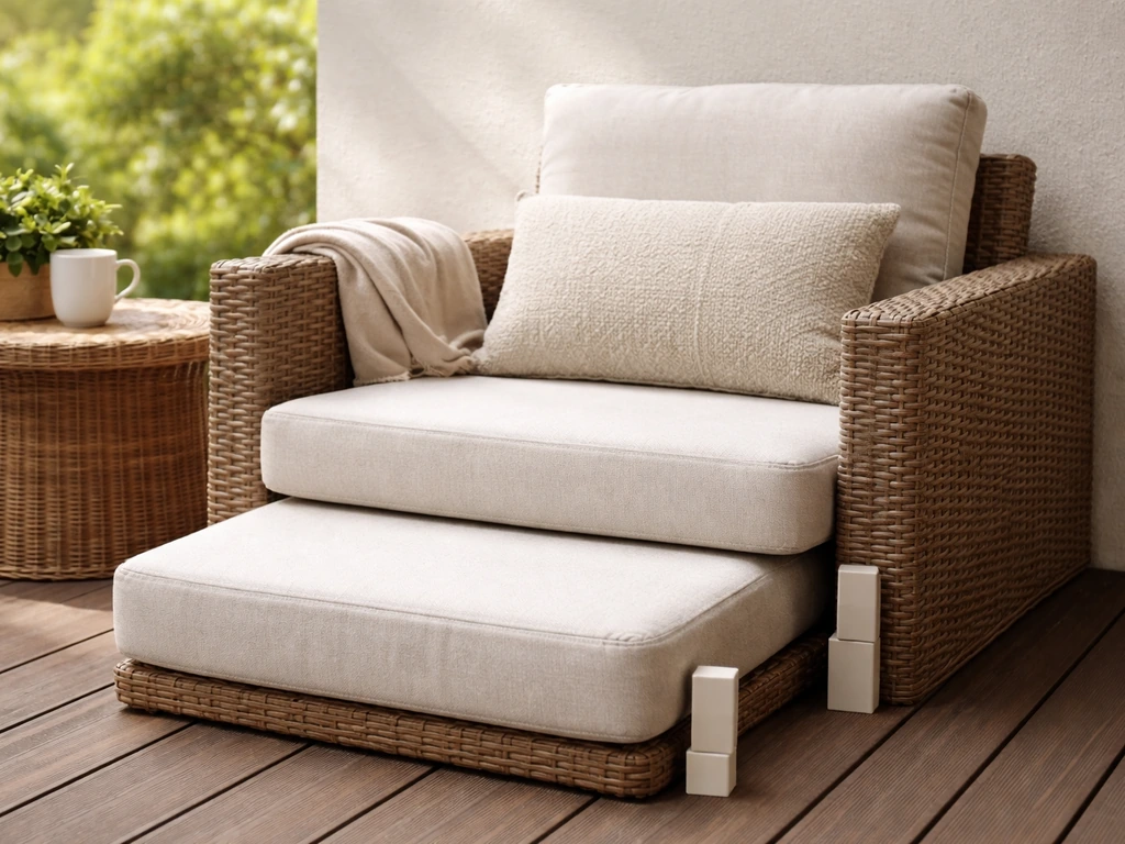 Patio chair seat with standard cushion vs taller setup and height markers showing seat-height difference