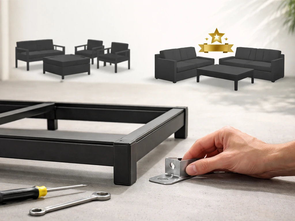 Minimal patio assembly scene with tools and two budget-style set silhouettes, one clearly marked as best value.