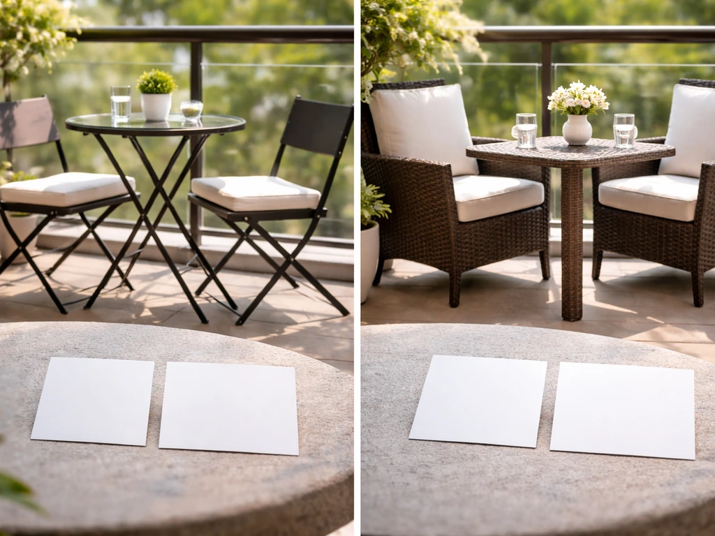Minimal balcony tabletop scene comparing two bistro furniture sets with blank value cards, no text.