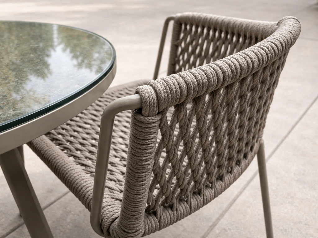 Close-up of a handwoven rope chair and a clear glass patio table top in natural light