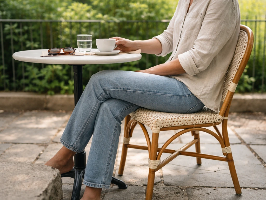 Person seated briefly on an outdoor bistro chair at a quiet patio during daytime