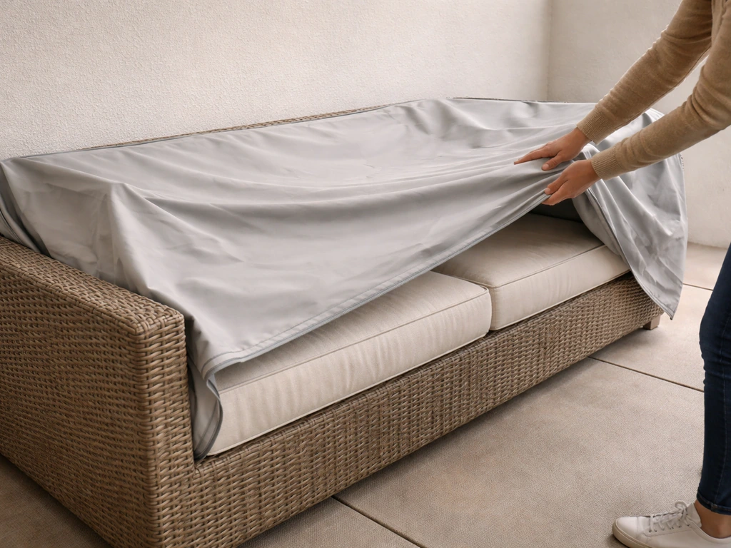 Outdoor patio furniture cushions being covered with a weatherproof bag, kept dry and protected