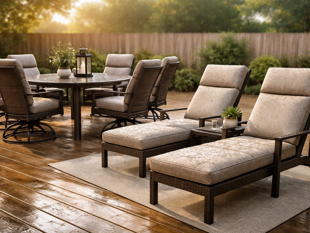 Sunlit outdoor patio with Homecrest-style dining and lounge furniture on a rain-ready deck