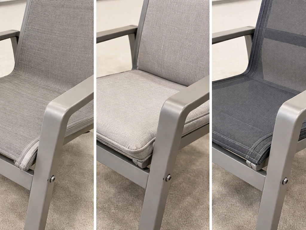 Close-up side-by-side of sling, padded sling, and air seating showing fabric tension and frame connections.