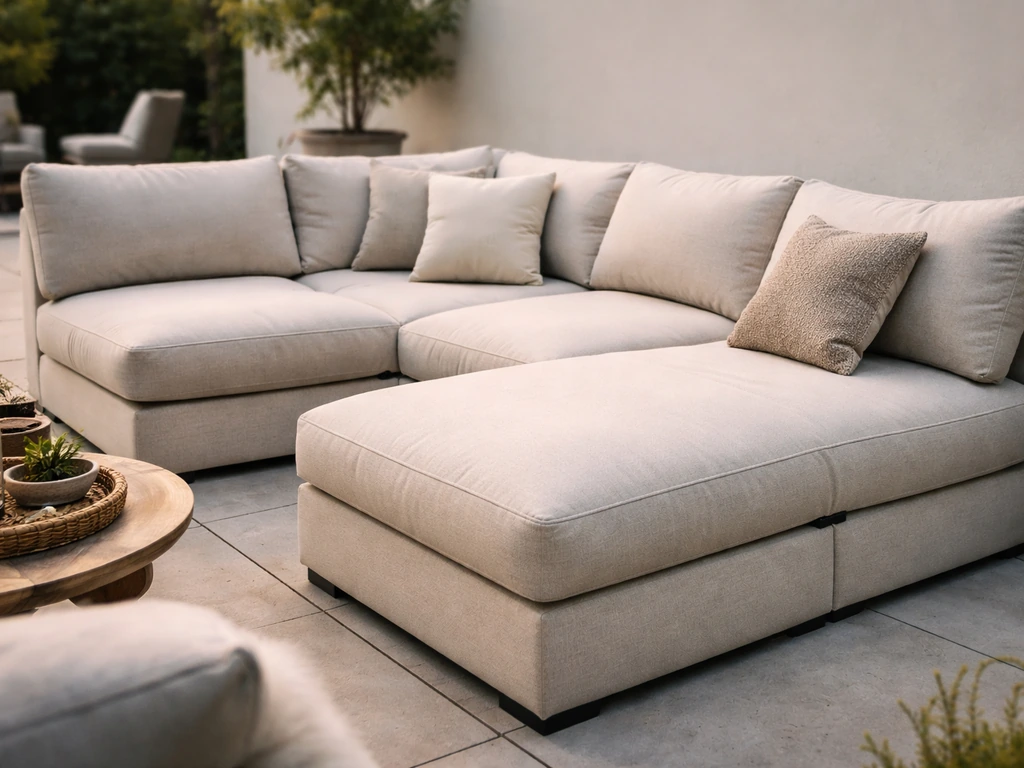 Deep-seat modular outdoor sectional with plush cushions arranged for lounging on a quiet patio