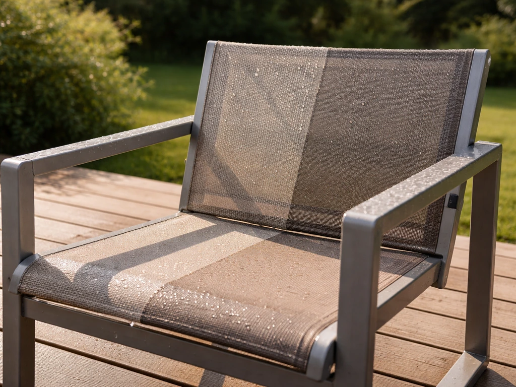 Outdoor patio aluminum frame and sling fabric after sun and rain exposure, showing water beading and coating finish