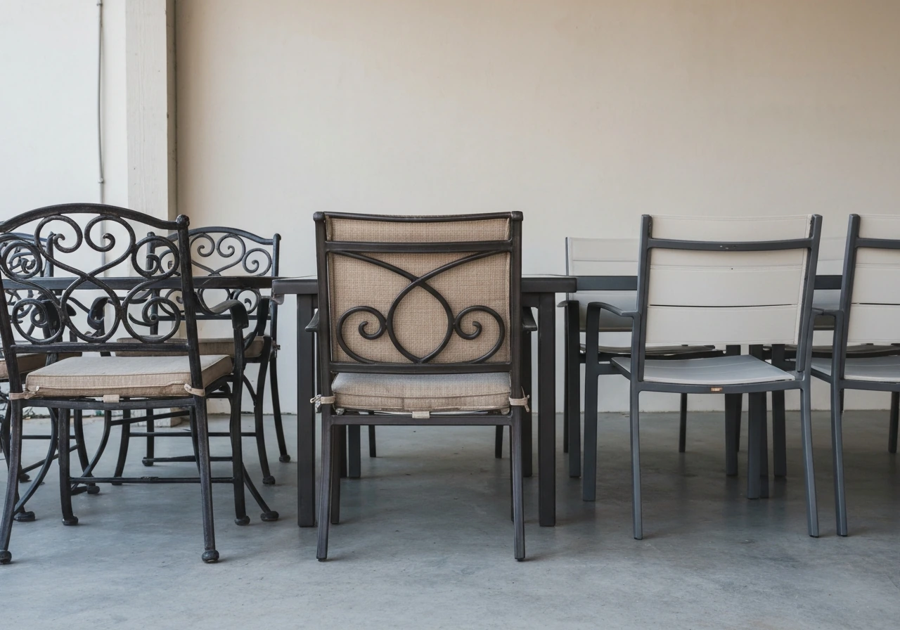 Three side-by-side patio dining sets showing traditional scrollwork and modern straight-line designs.