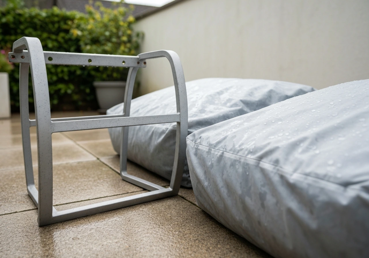 Clean rust-free cast-aluminum outdoor furniture frame with cushions covered or drying after rain.