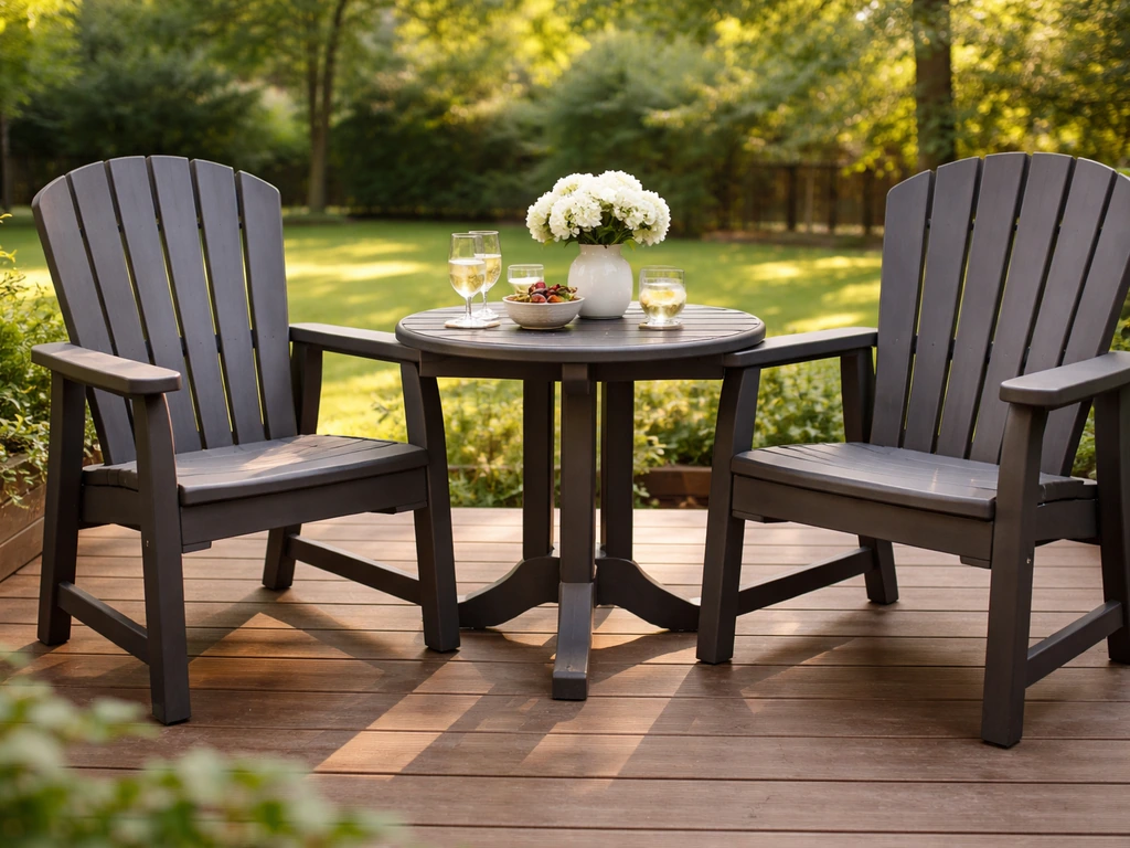 Sunlit backyard patio with durable HDPE-style Trex dining set on a quiet deck