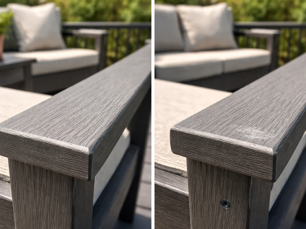 Two-panel collage: intact outdoor furniture texture on left, subtle scuff/seam issue on right, no text.