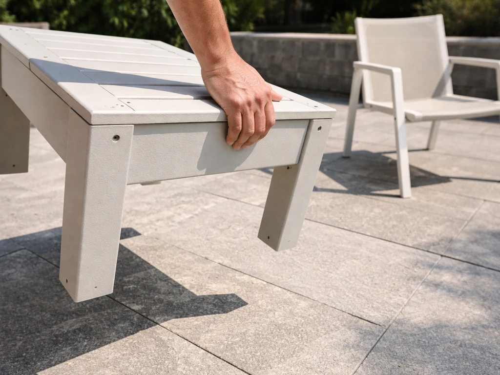 Close-up of a heavy HDPE outdoor chair being lifted beside a lighter patio chair on a patio floor