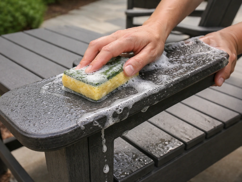 Close-up of a Trex HDPE outdoor seat being cleaned with soap and water, grime fading away.