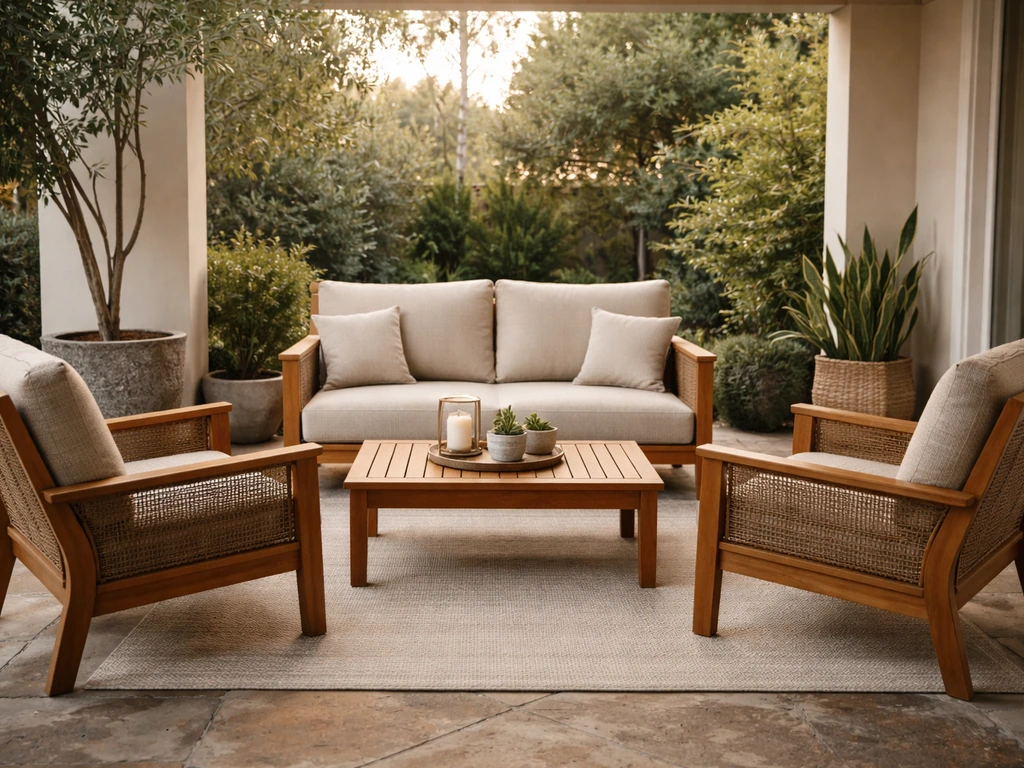 Warm teak-finish patio loveseat and lounge chairs on a quiet patio, inviting and durable-looking.
