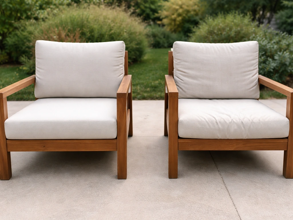 Two patio chairs side-by-side showing an attractive teak frame vs worn-looking cushion.