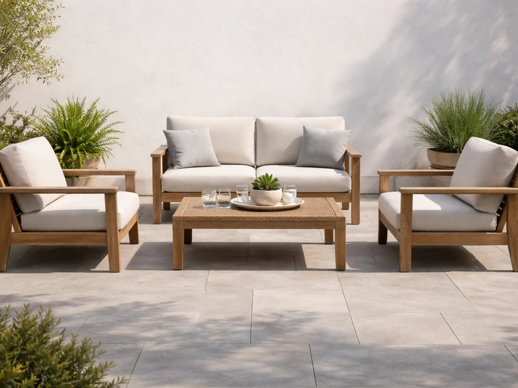 Low conversation patio set with a loveseat and two armrest lounge chairs, spaced for comfortable seating.