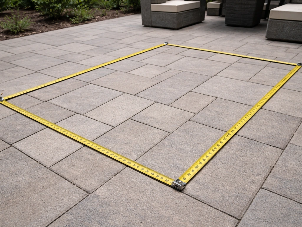 Measuring tape on an outdoor patio floor showing a 10x12 planning area with clearance around furniture.
