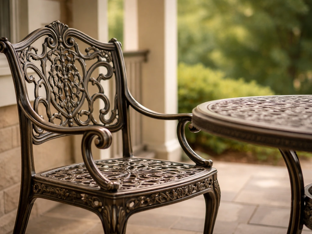 Ornate cast-aluminum patio dining chair and table on a quiet porch, showing traditional metal detailing.