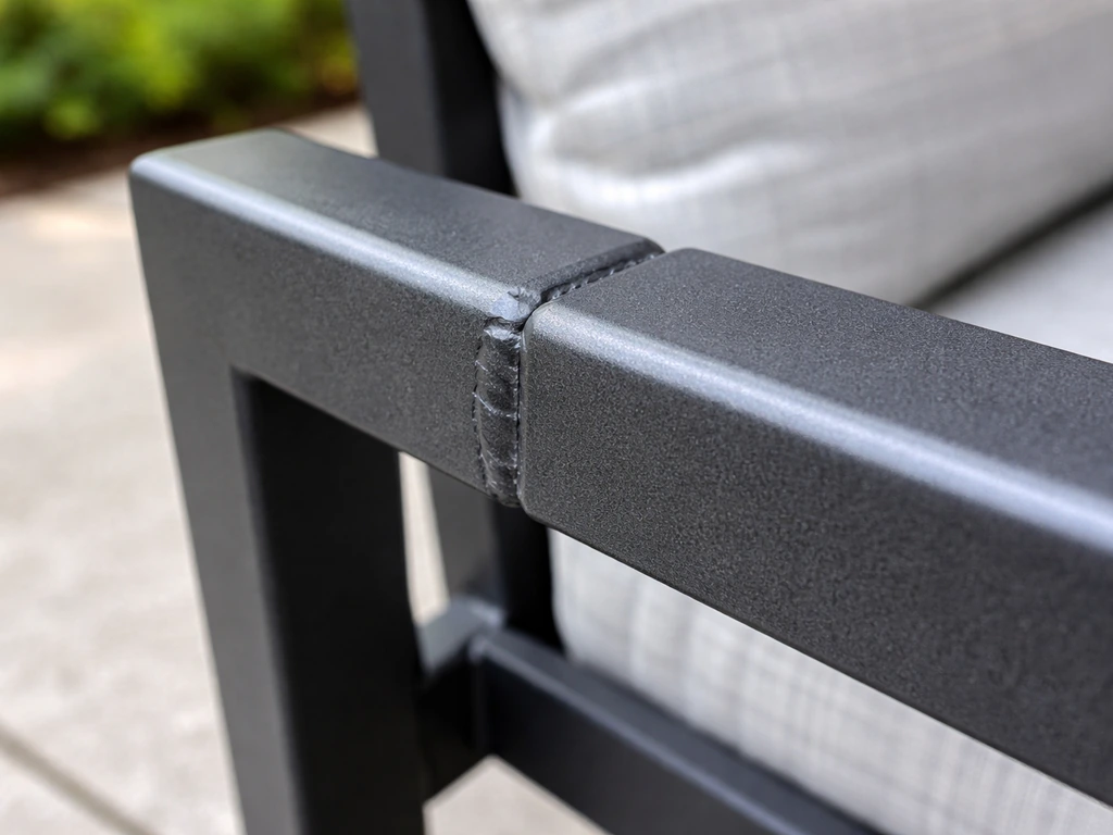 Close-up of a fully welded cast aluminum chair frame with visible durable joints and powder-coated finish.