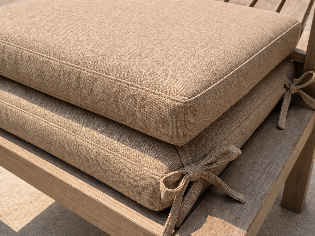 Sesame-colored outdoor polyester cushions with ties, close-up showing fabric texture and stitching.