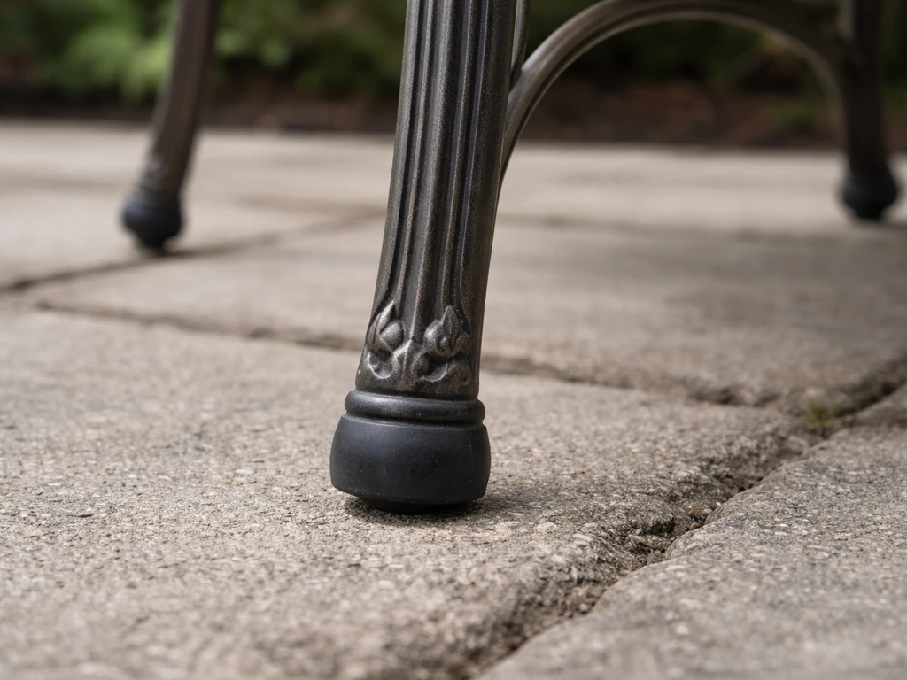 Cast aluminum outdoor dining set legs with rubber protectors on a patio, showing durable weathered surface