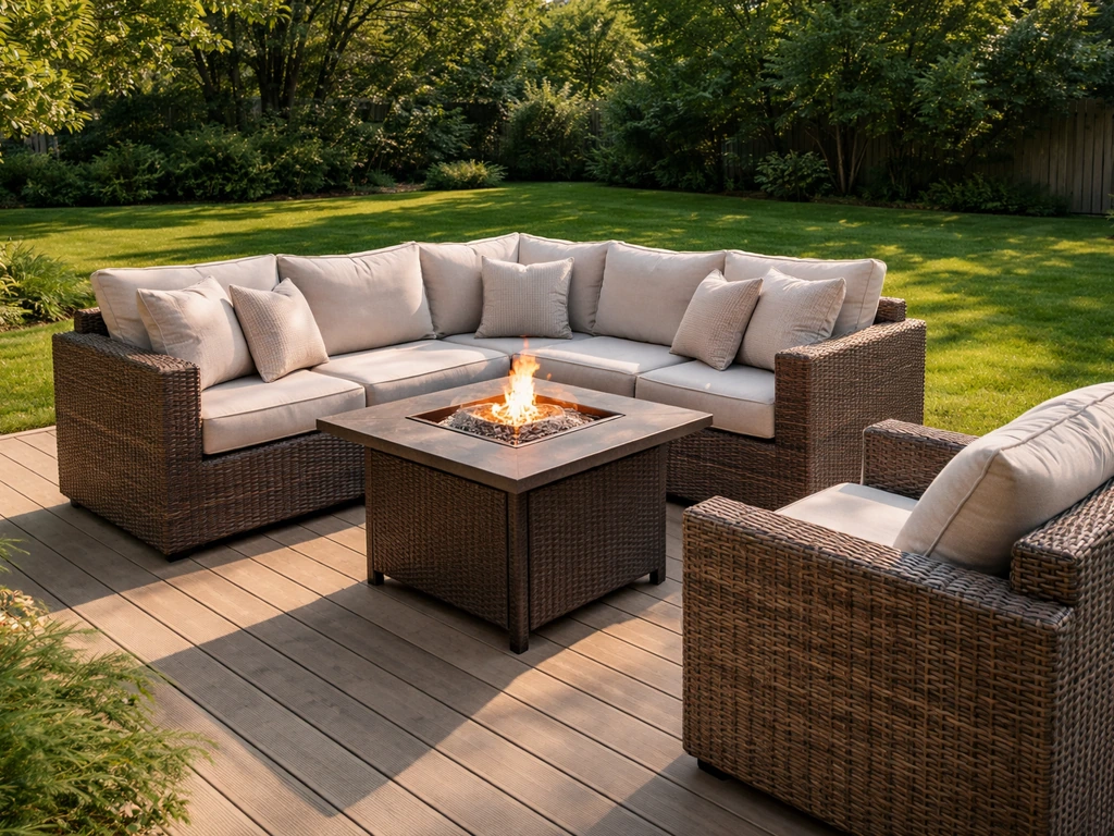 Sunny backyard patio set with beige cushions and a small fire-pit table on PE wicker seating