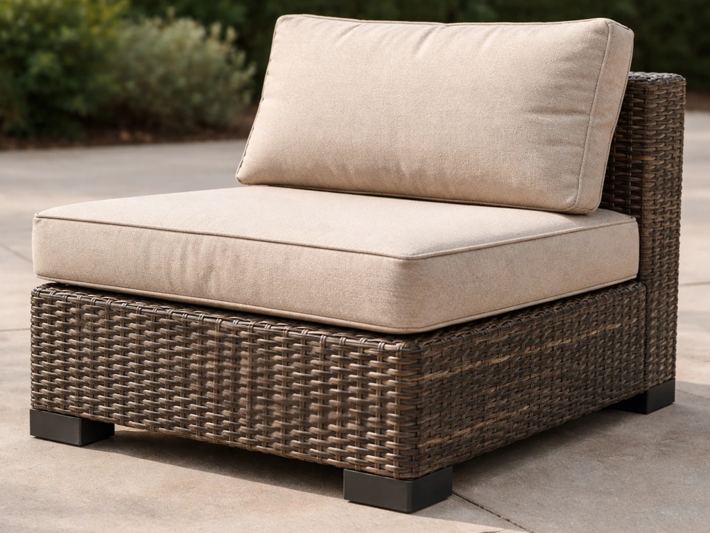 Close-up of PE wicker patio furniture with visible steel frame and thick cushioned seat.
