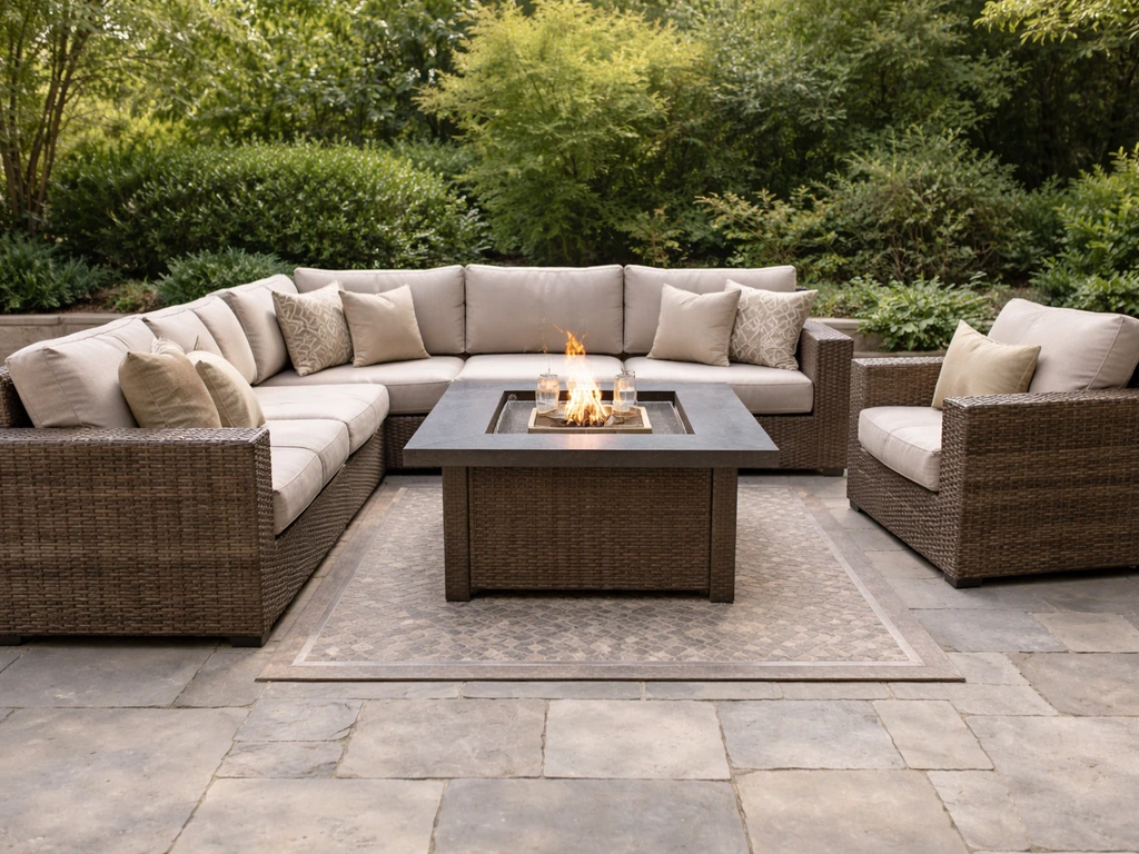Front-angle view of a complete PE wicker patio set with neutral brown wicker and beige cushions outdoors.
