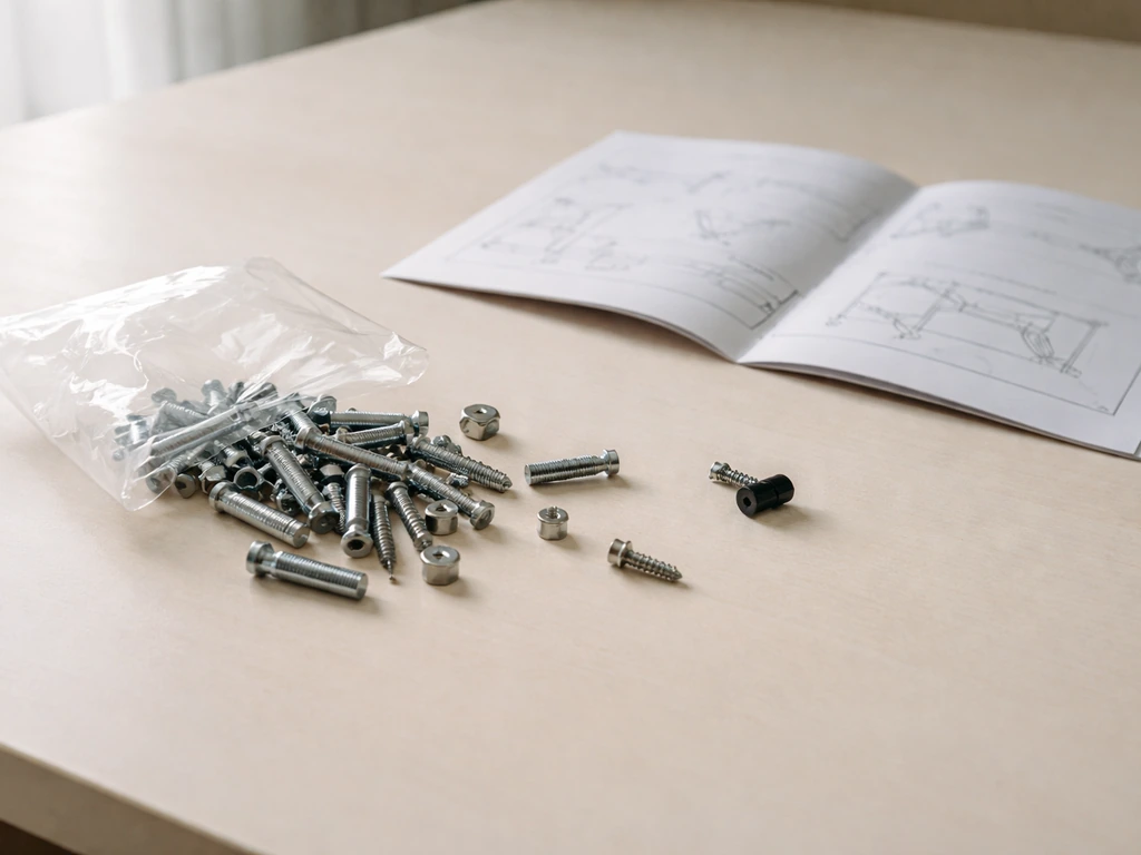 Open hardware bags and scattered bolts next to an assembly manual on a simple work table.