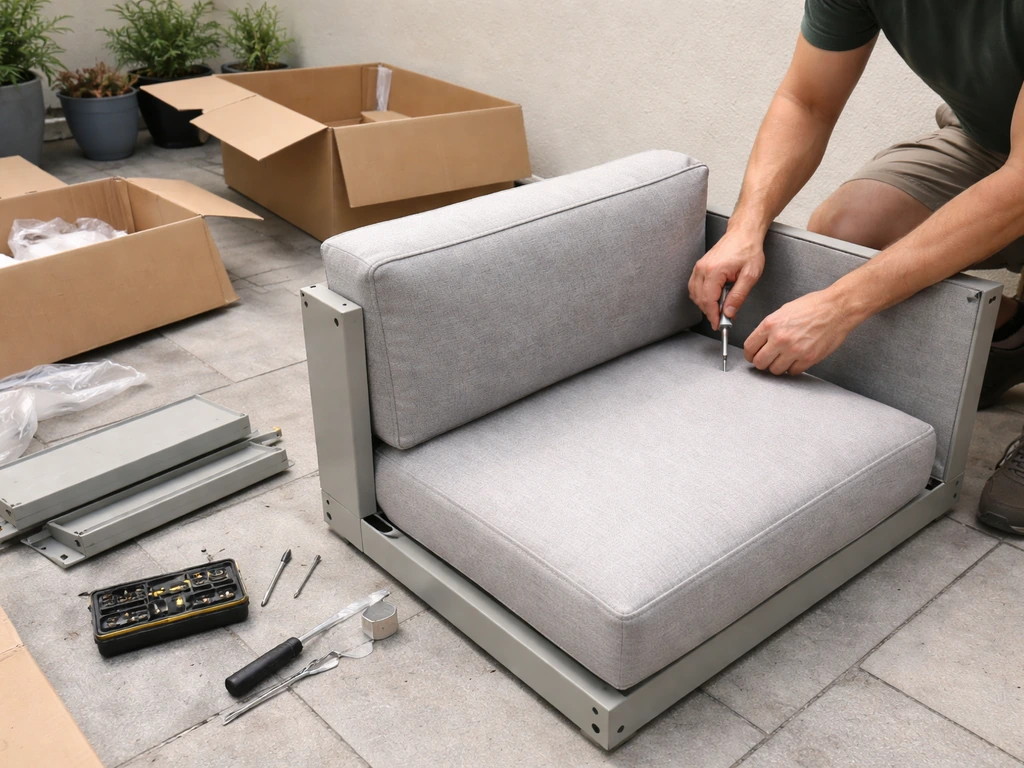 Patio assembly in progress with multiple open boxes, tools, and connected cushion/arm parts.