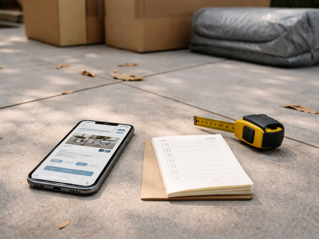 Mobile product page on a patio next to a notepad checklist and measuring tape beside outdoor furniture boxes.