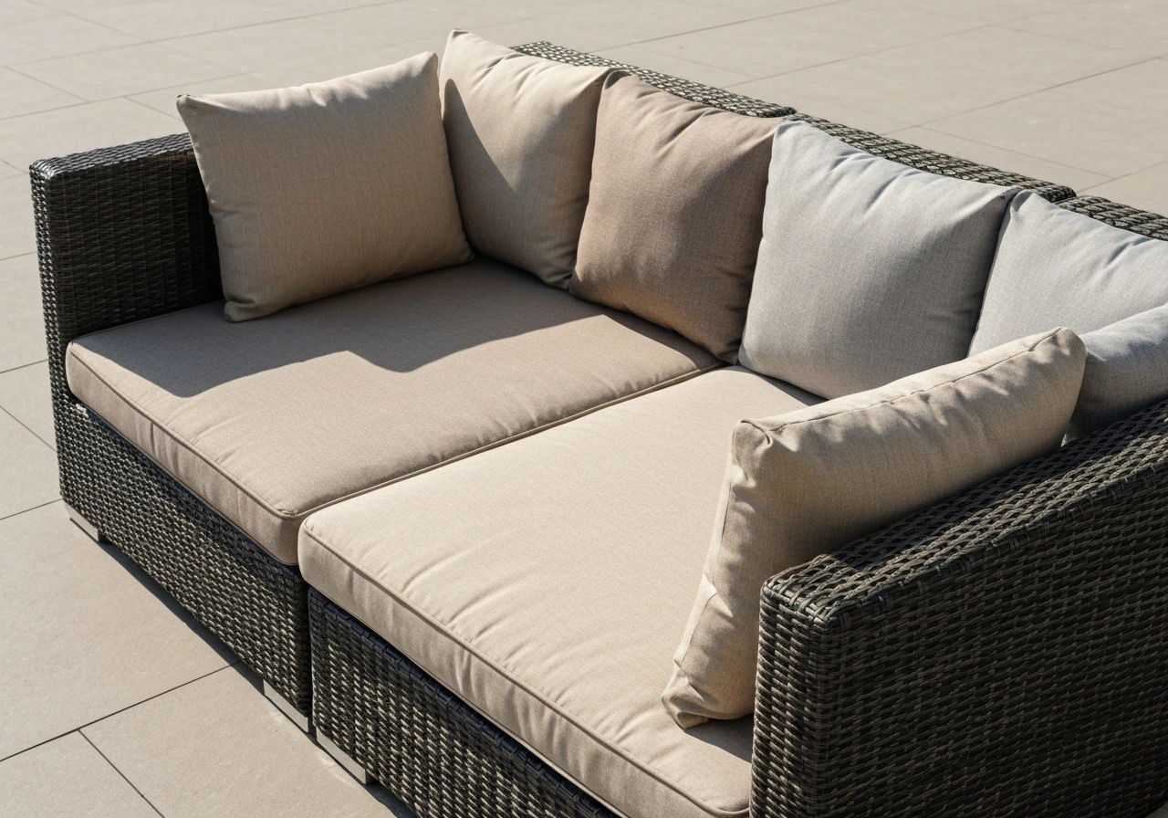 Neutral beige and grey outdoor wicker lounge cushions arranged for comfort on a simple patio.