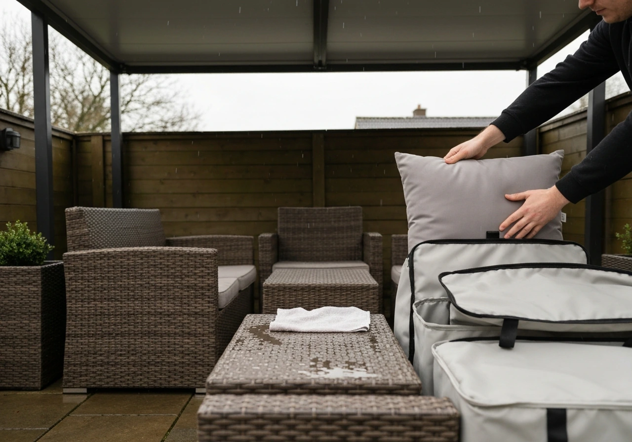 Hands place outdoor cushions into a weatherproof bag while PE rattan stays covered outdoors.