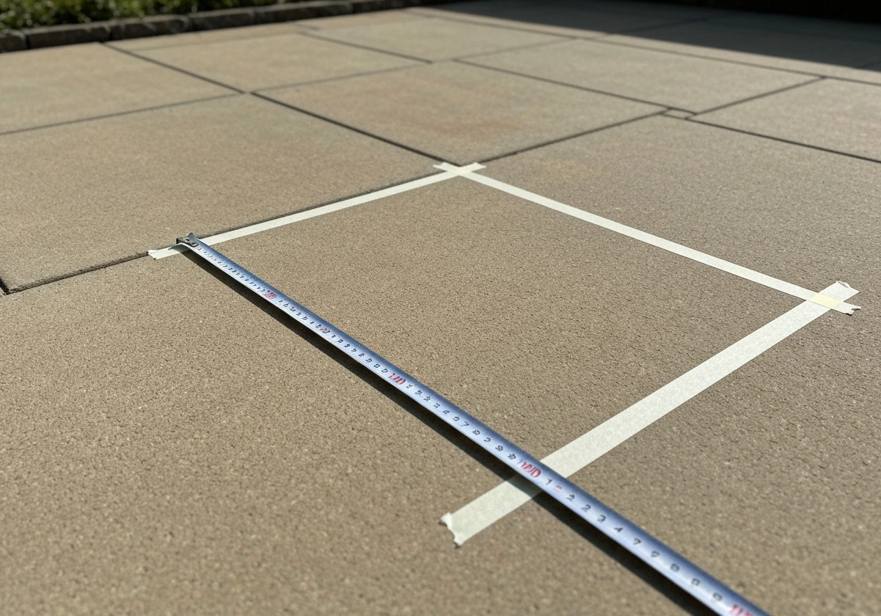 Measuring tape on a patio surface with simple taped footprint markers for clearance planning.