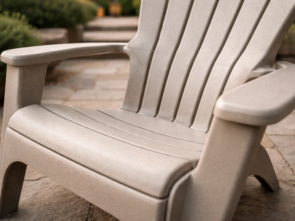 Close-up of a molded resin Adirondack chair seat and contoured back in a patio setting
