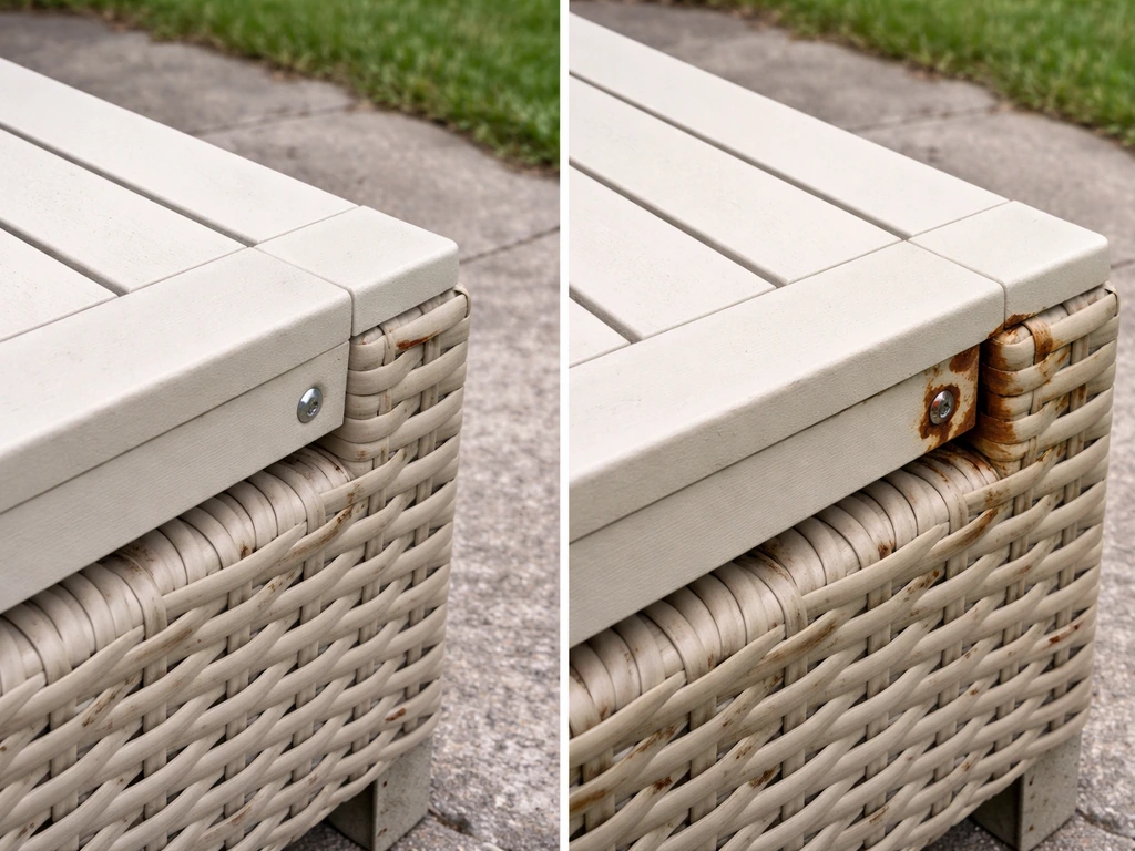 Split view of outdoor resin furniture showing clean UV tone vs rusted metal parts after weathering.