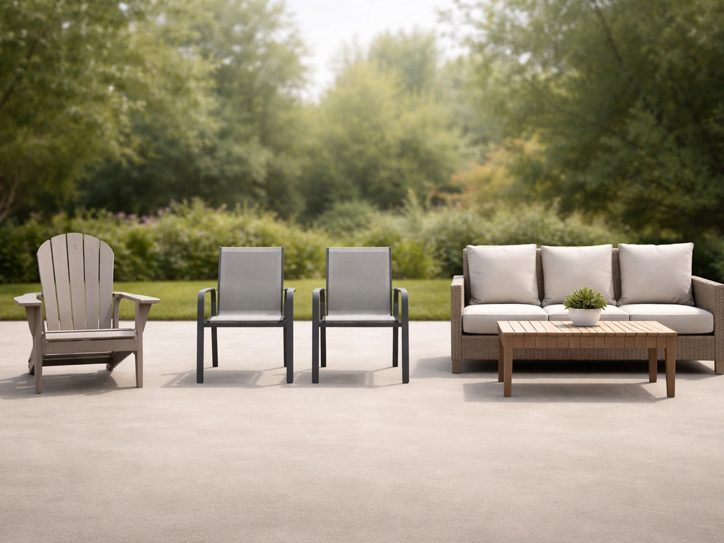 Minimal photo of three patio seating options side by side: resin Adirondack, metal chairs, and cushioned set.