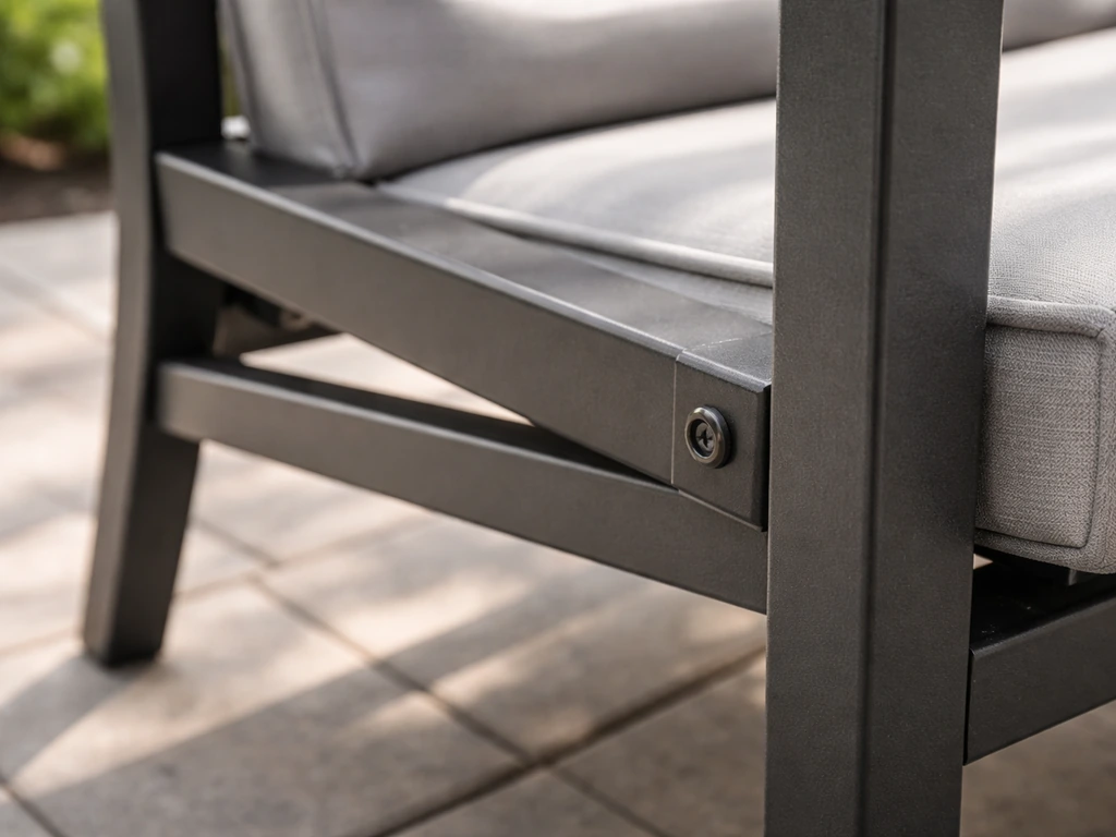 Close-up of powder-coated aluminum patio furniture showing frame, joints, and durable hardware.