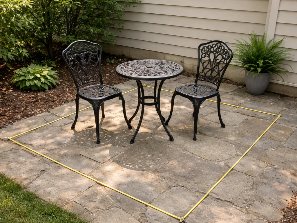 Small patio with a compact 3-piece bistro set and subtle ground clearance spacing cues.