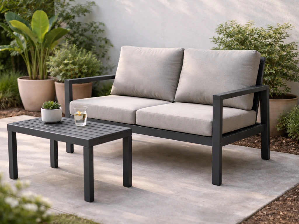 Powder-coated aluminum patio furniture set on a concrete patio with plants in soft daylight.
